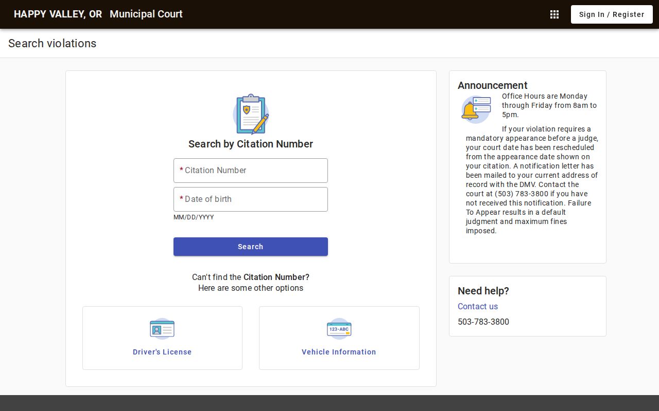 Happy Valley municipal court search choices