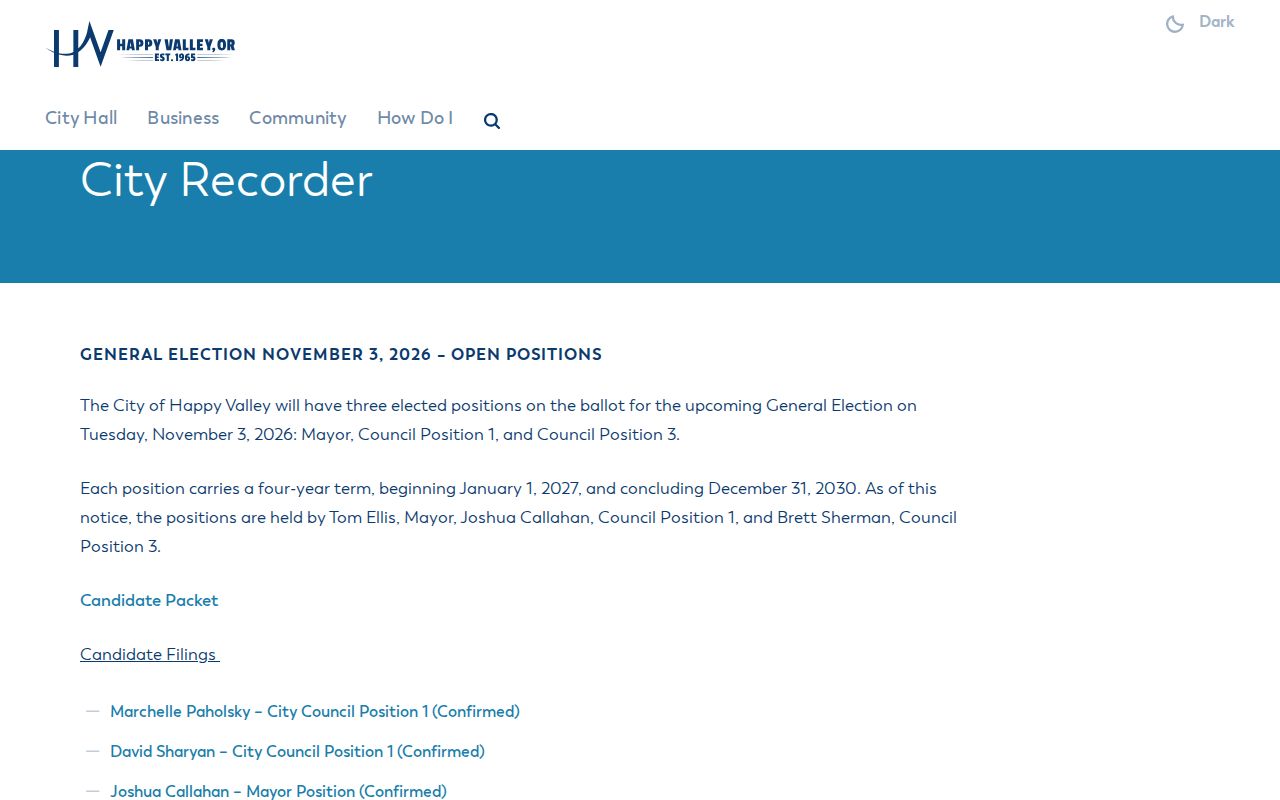 Happy Valley residents directory City Recorder information