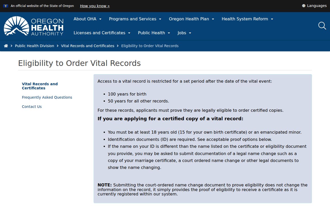 Happy Valley vital record eligibility